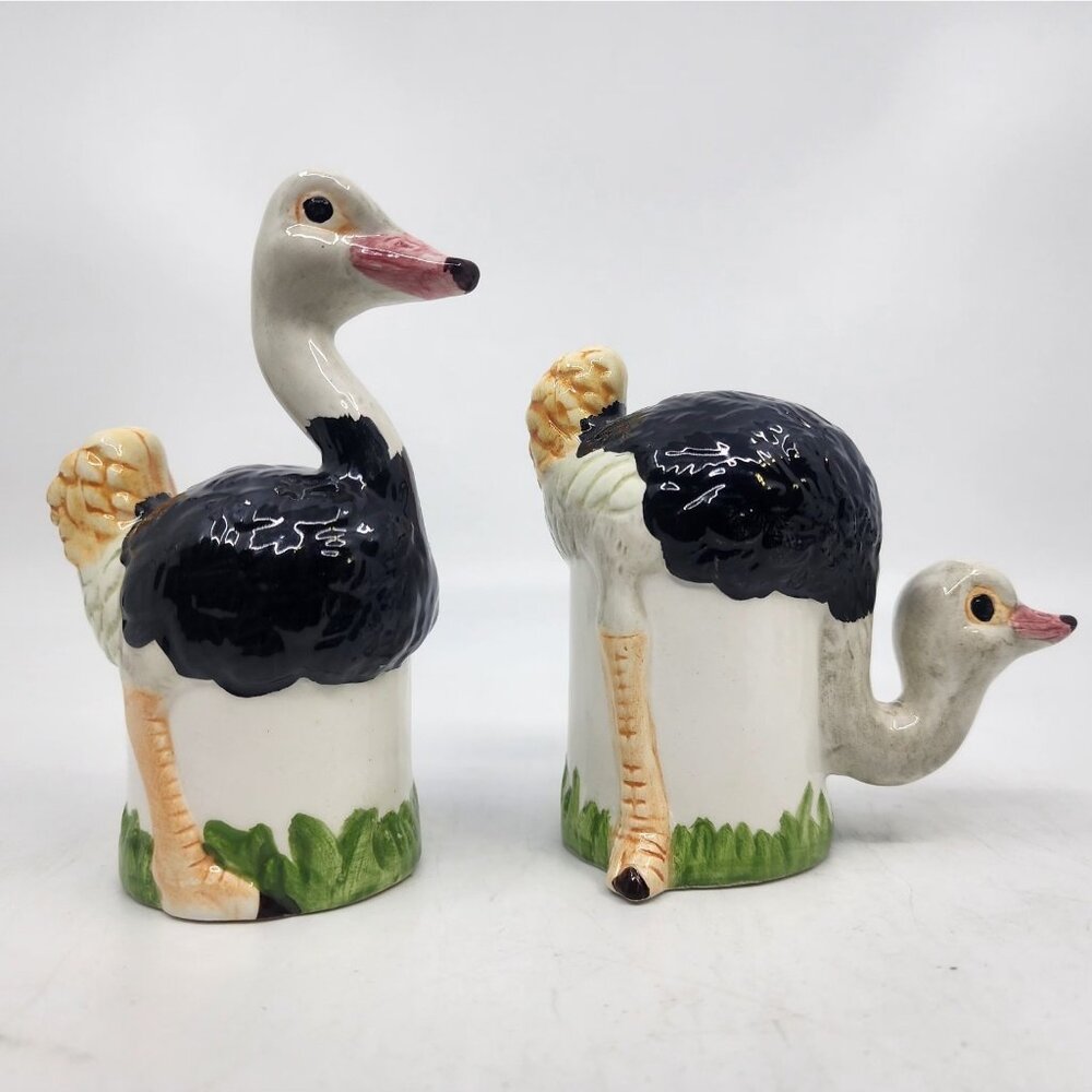 Vintage Ostrich Salt & Pepper Shakers Set Ceramic Hand Painted Black White 4.25"